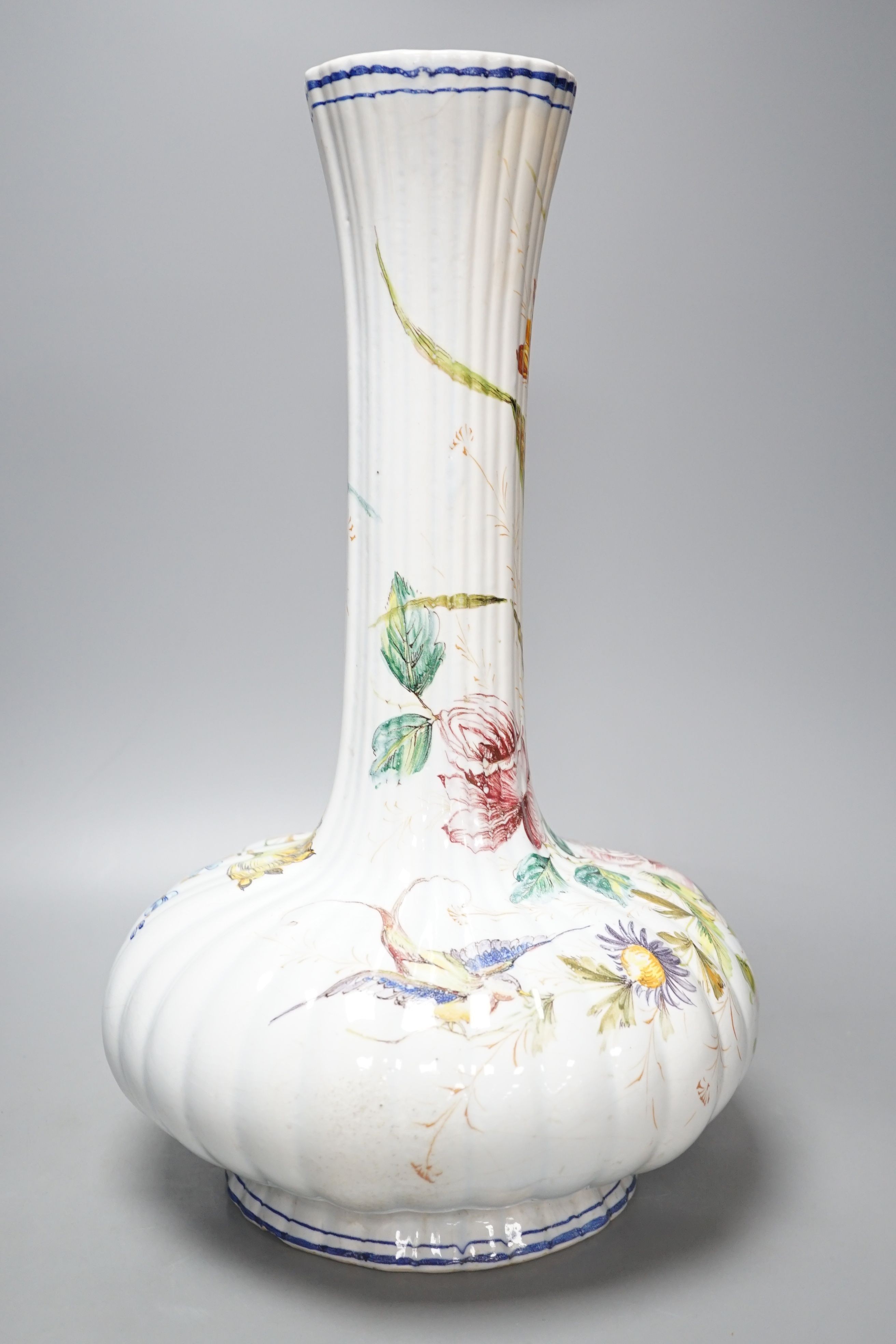 A Large Italian maiolica bottleneck floral vase, signed Pivato, Nove, 45.5cm tall